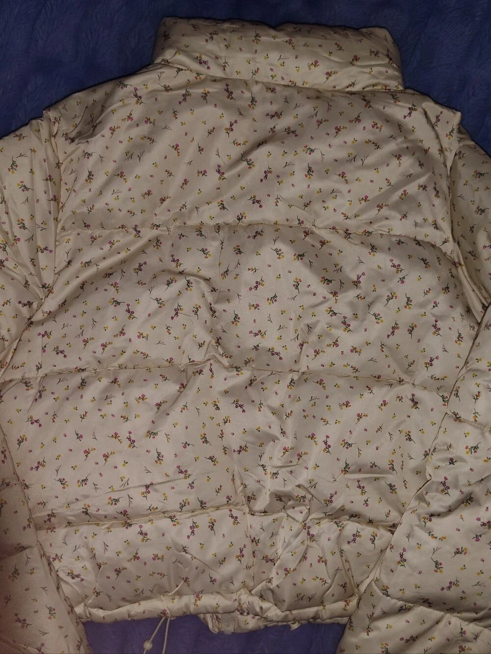 Cream Puffer Jacket with Tiny Floral Print